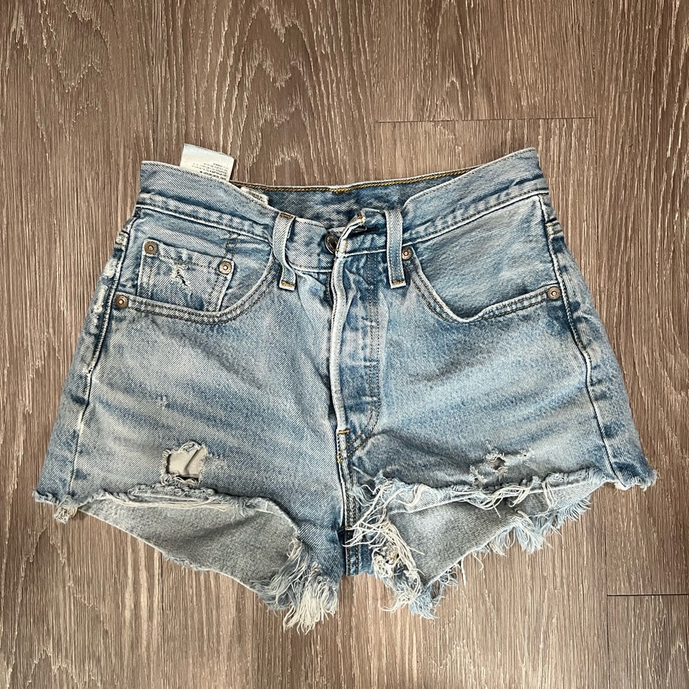 Levi's 501 Blue High-Waisted Distressed Jean Shorts